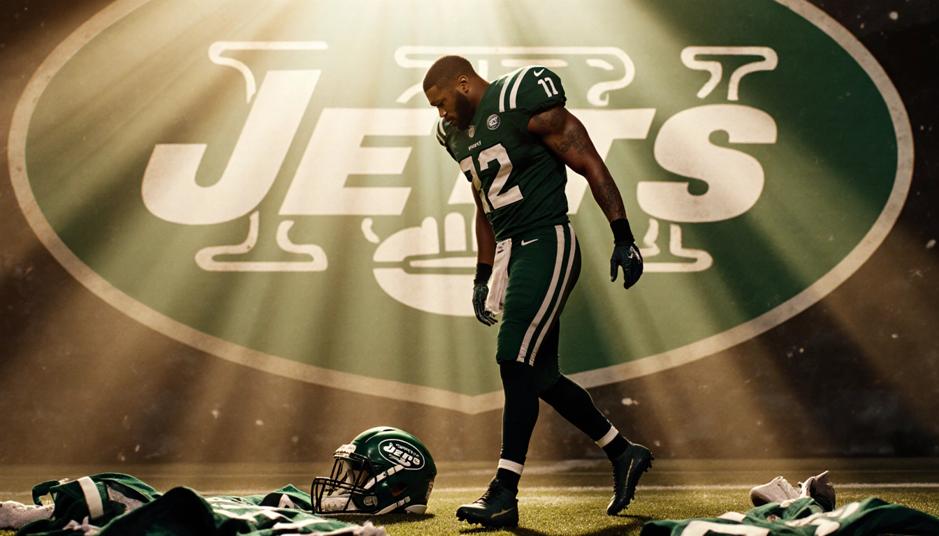 Allen Lazard walking away from a stadium with a scattered Jets jersey and football gear near a blurred Jets logo