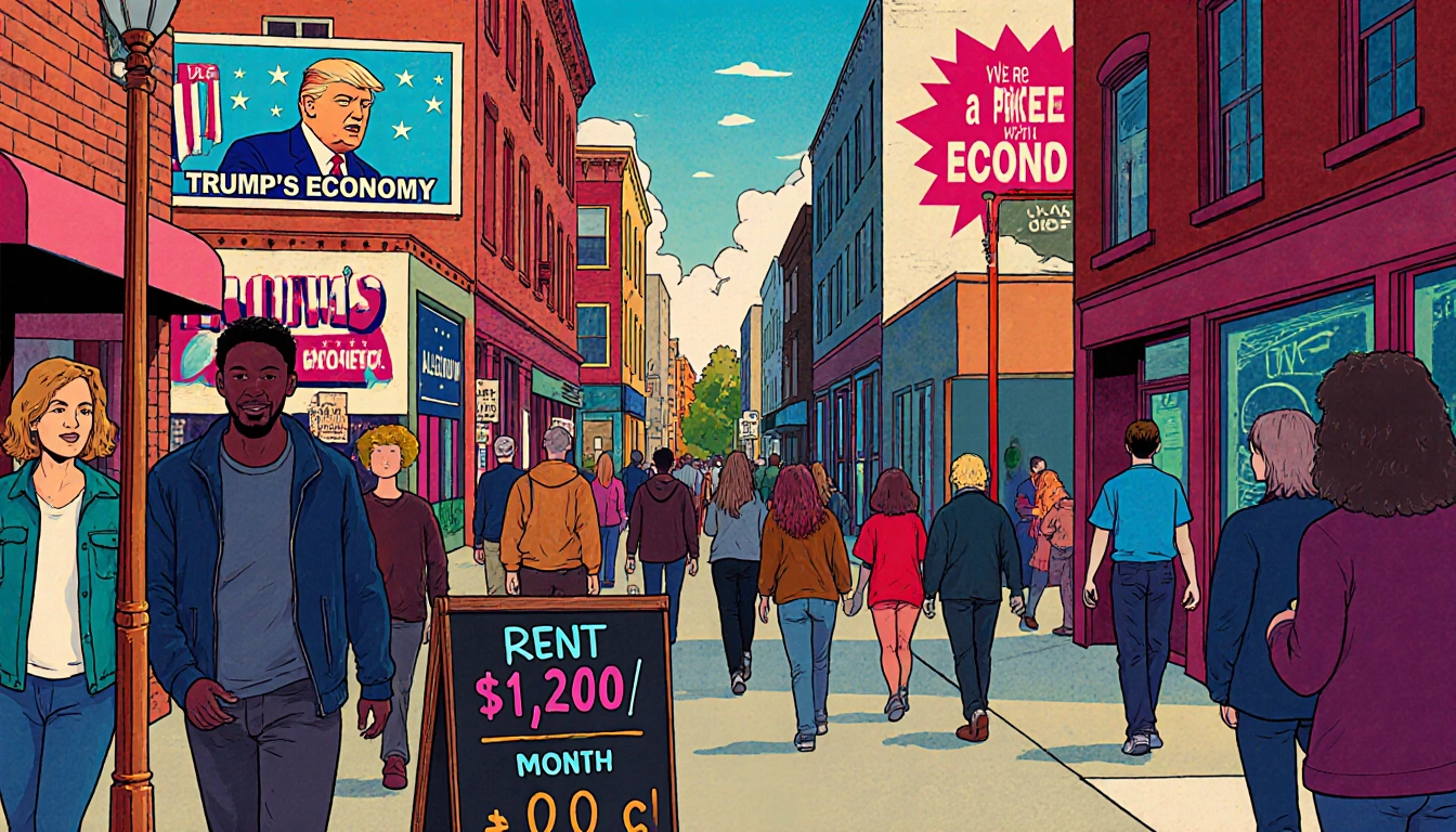 People walking through Allentown street with price board showing rising rent and political billboard in background