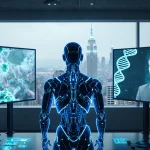 AI scientist robot debates inside futuristic laboratory with glowing protein structures and neon city skyline.