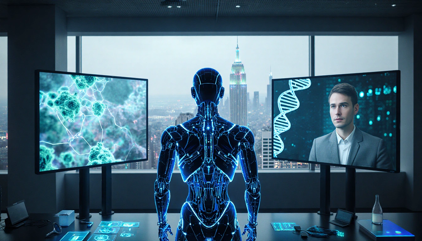AI scientist robot debates inside futuristic laboratory with glowing protein structures and neon city skyline.