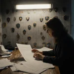 Pamela Smith reviewing a revised crime report with flickering fluorescent light and a blurred cityscape hinting at betrayal