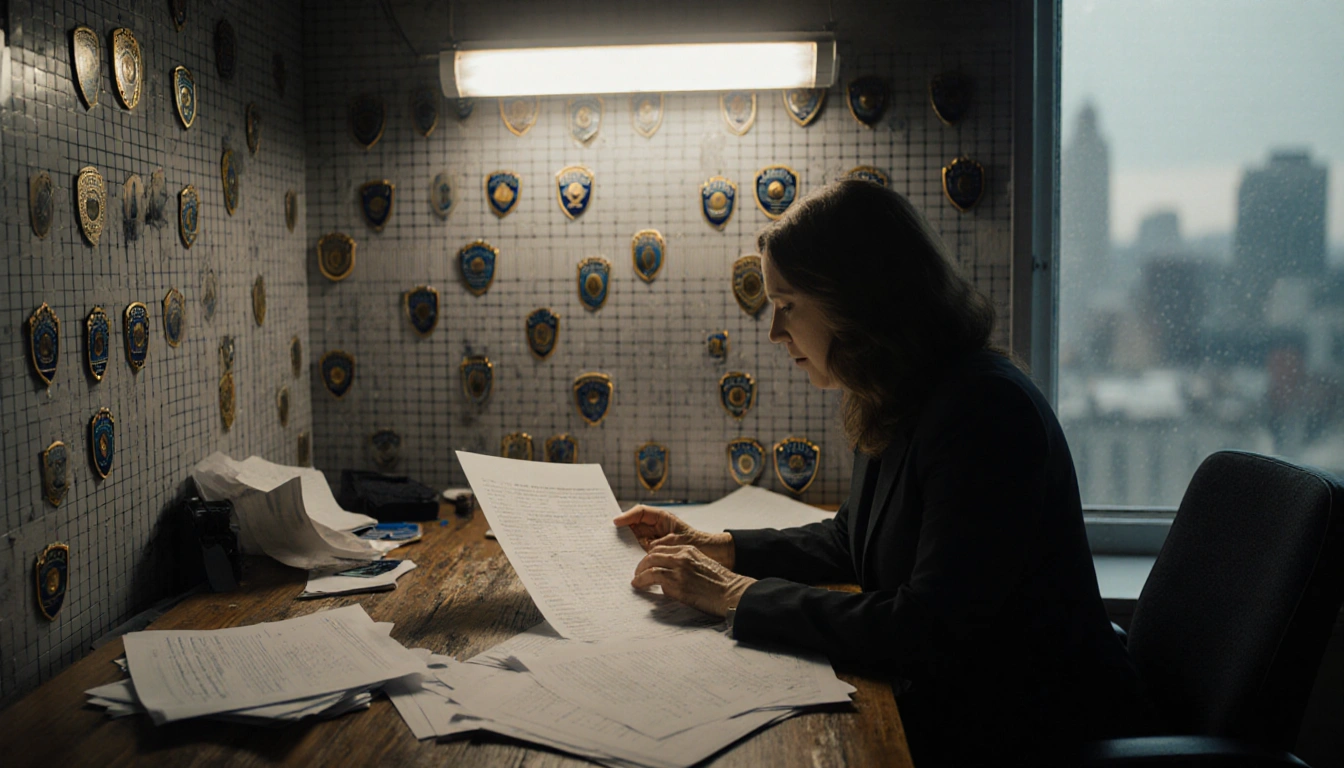 Pamela Smith reviewing a revised crime report with flickering fluorescent light and a blurred cityscape hinting at betrayal