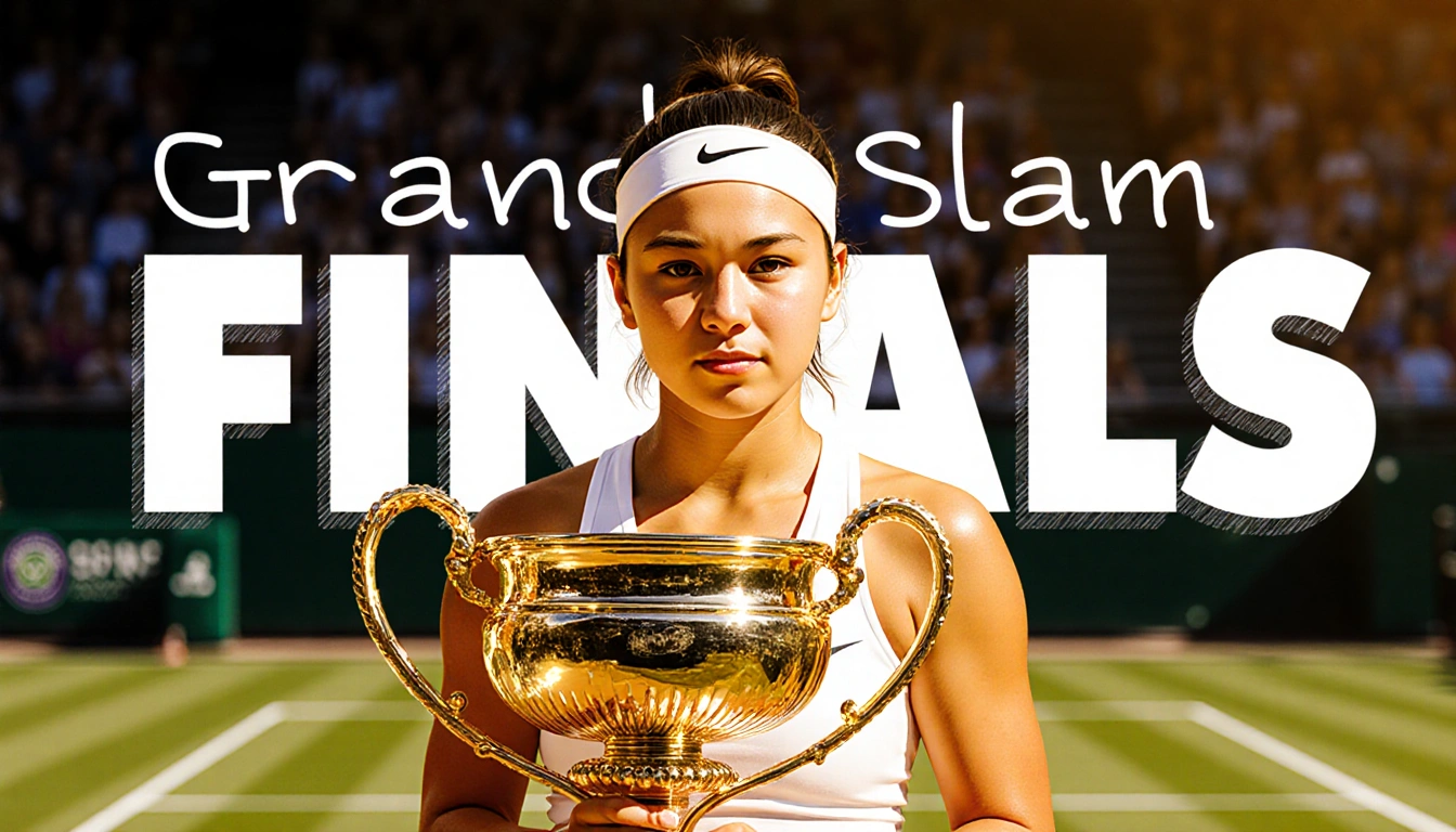 Amanda Anisimova lifting tennis trophy with racket and golden lighting in Grand Slam Finals background
