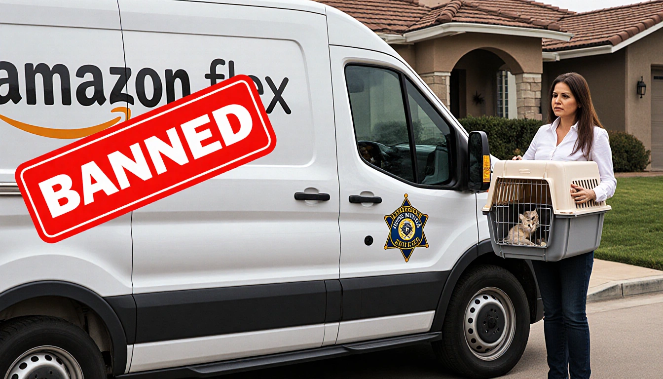 Homeowner holding cat carrier with red Banned sticker on Amazon Flex van near California home