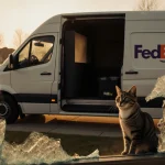 Cat sits beside a shattered window with the Amazon Flex van parked behind it.