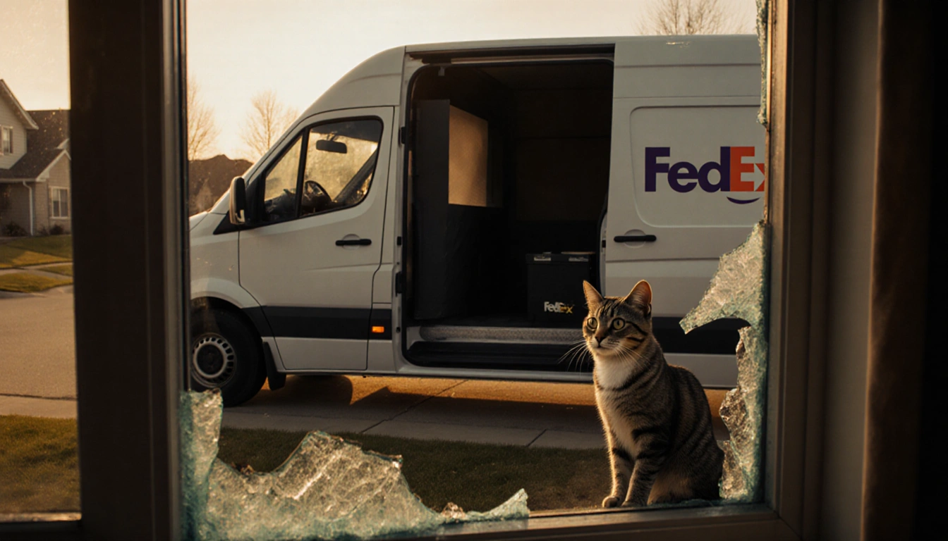 Cat sits beside a shattered window with the Amazon Flex van parked behind it.