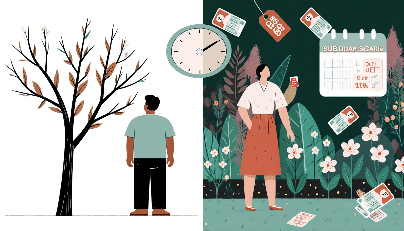 Person standing beside a tree branch with wilted leaves while he blooms flowers holding healthcare price tags with clock Jan