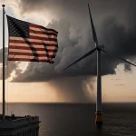 American flag waves with Senate building at sunset and a spinning offshore wind turbine against storm clouds.