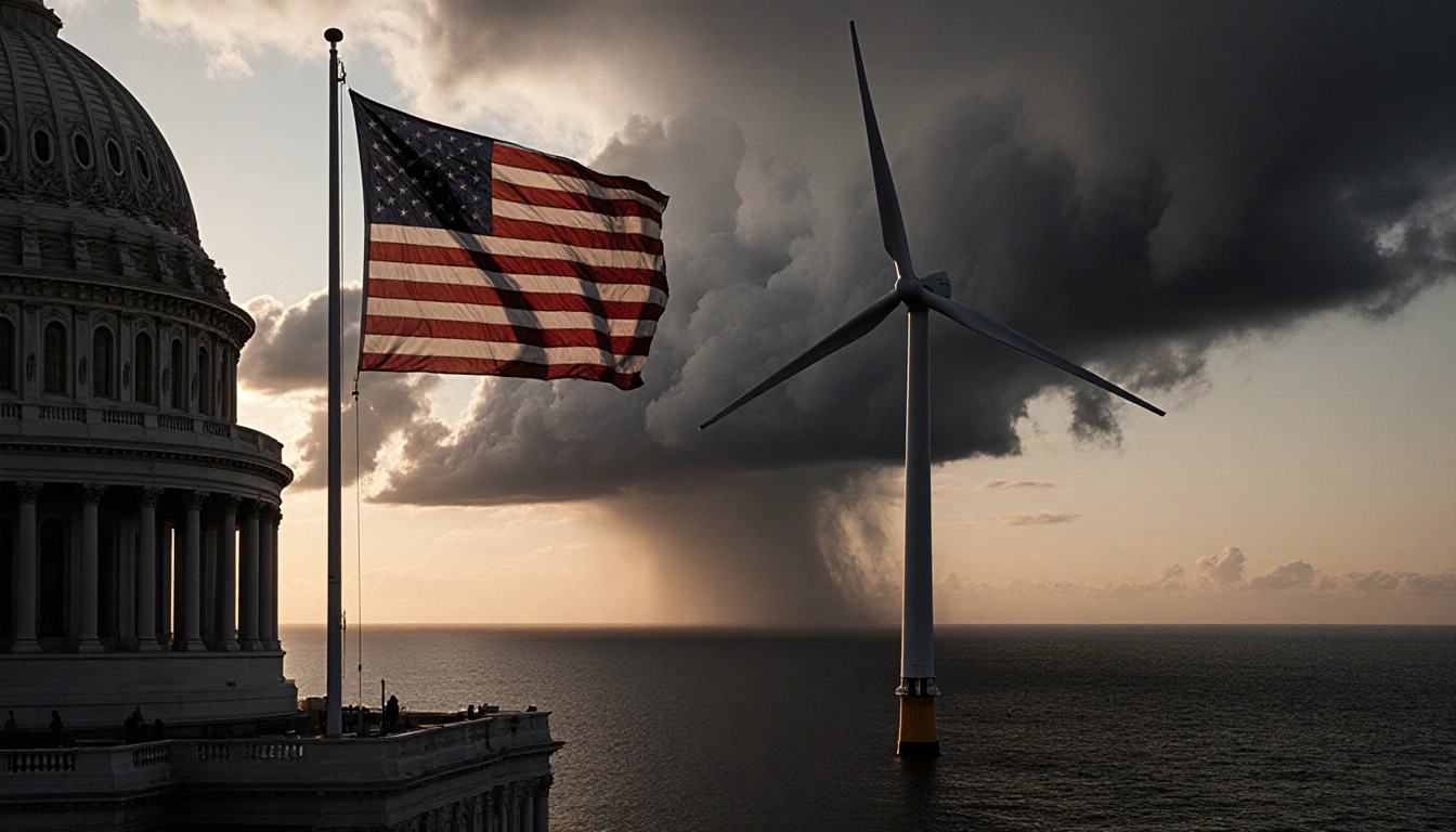 American flag waves with Senate building at sunset and a spinning offshore wind turbine against storm clouds.
