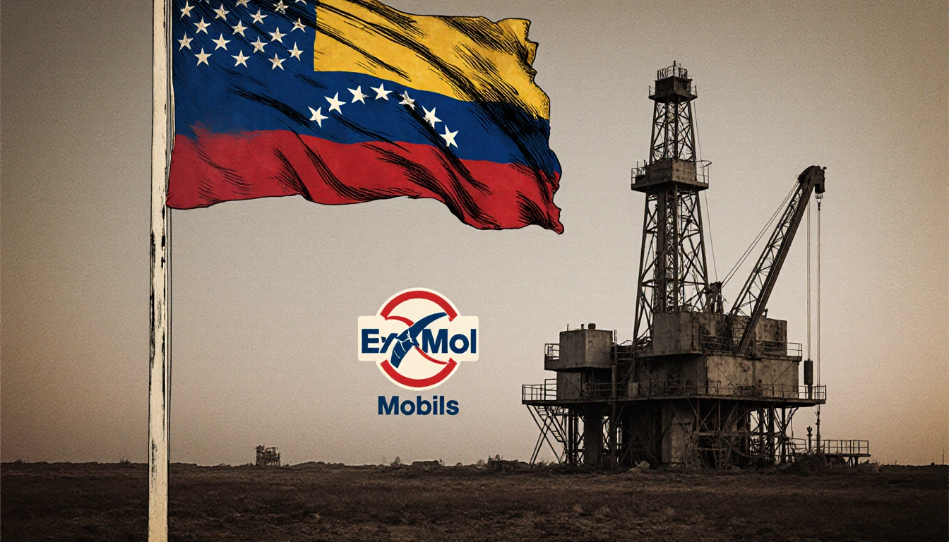 American flag replaced by Venezuelan flag with red gradient in front of abandoned oil rig and faint ExxonMobil logo