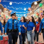 Police officers and students walking through Austin district with Amigos en Azul blue uniforms and festive lights.