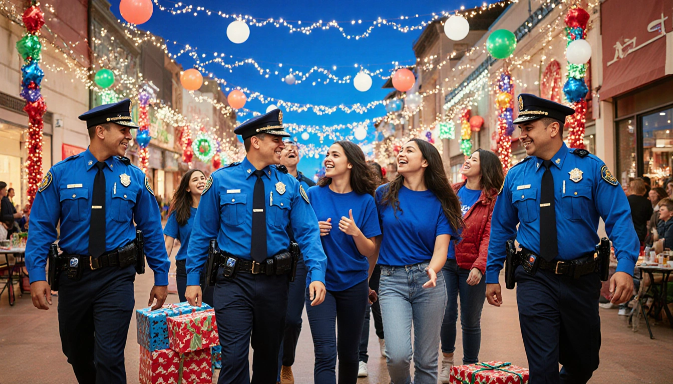 Police officers and students walking through Austin district with Amigos en Azul blue uniforms and festive lights.
