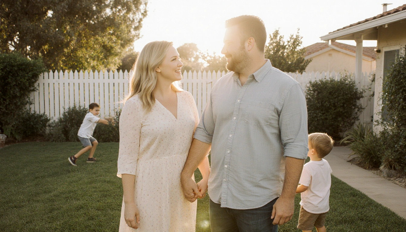 Amy Schumer and Chris Fischer holding hands with their son playing in a sunny backyard and a white picket fence.