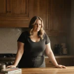 Amy Schumer standing at kitchen island with utensils and cookbooks and soft natural light.