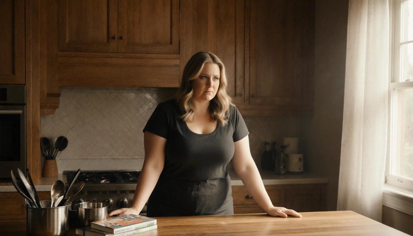 Amy Schumer standing at kitchen island with utensils and cookbooks and soft natural light.