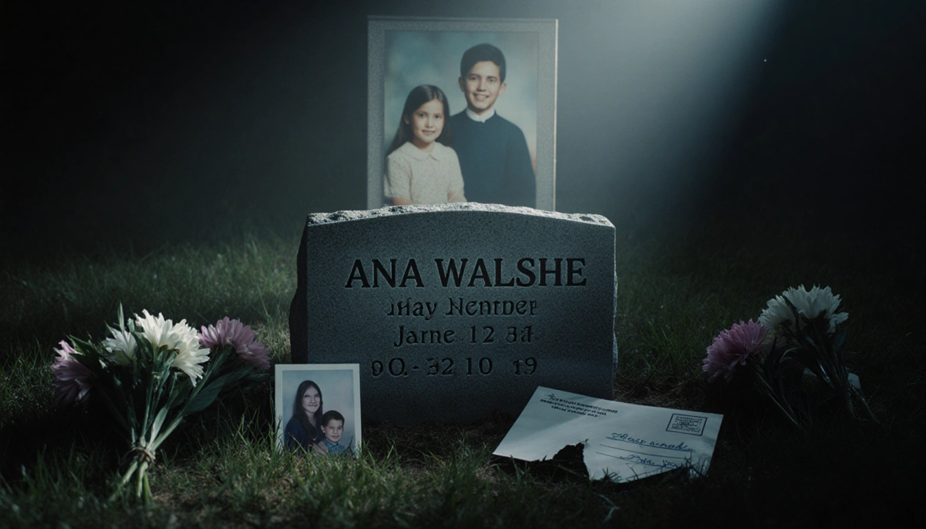 Headstone bears Ana Walshe's name with wilted flowers and a single unopened envelope nearby.