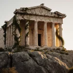 Ancient Greek temple perching on rocky outcrop with moss-covered columns and warm golden light