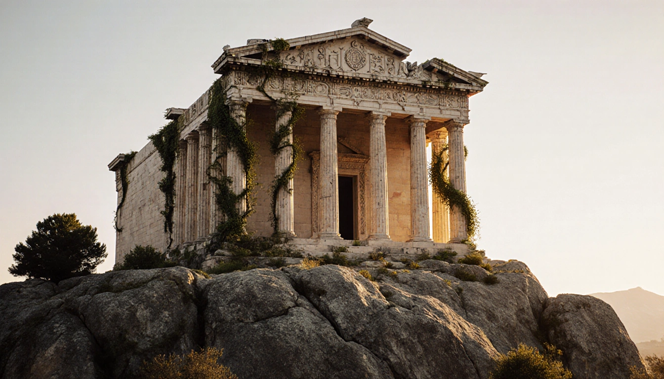 Ancient Greek temple perching on rocky outcrop with moss-covered columns and warm golden light