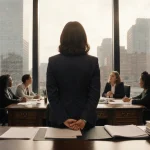 Andrea Lucas standing with back to wooden desk illuminated by natural light with diverse workers in cityscape before her.