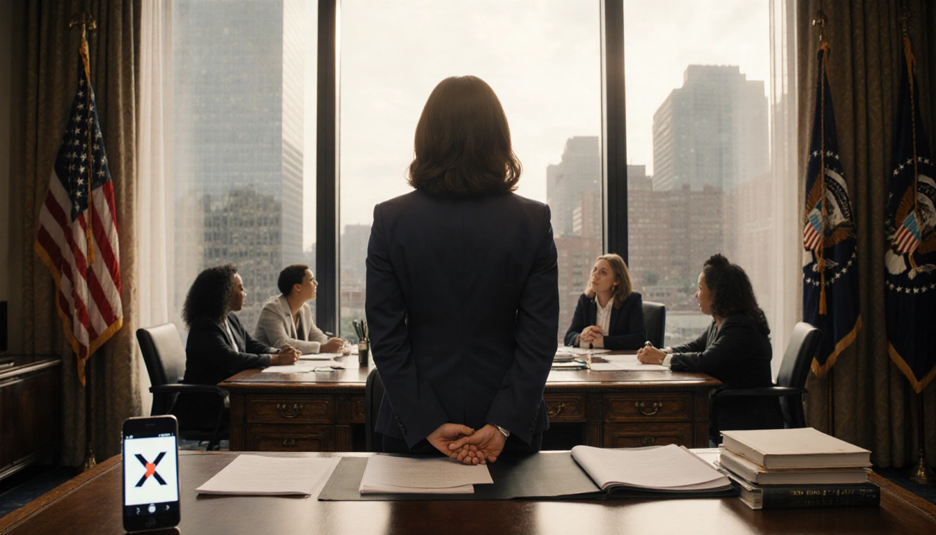 Andrea Lucas standing with back to wooden desk illuminated by natural light with diverse workers in cityscape before her.