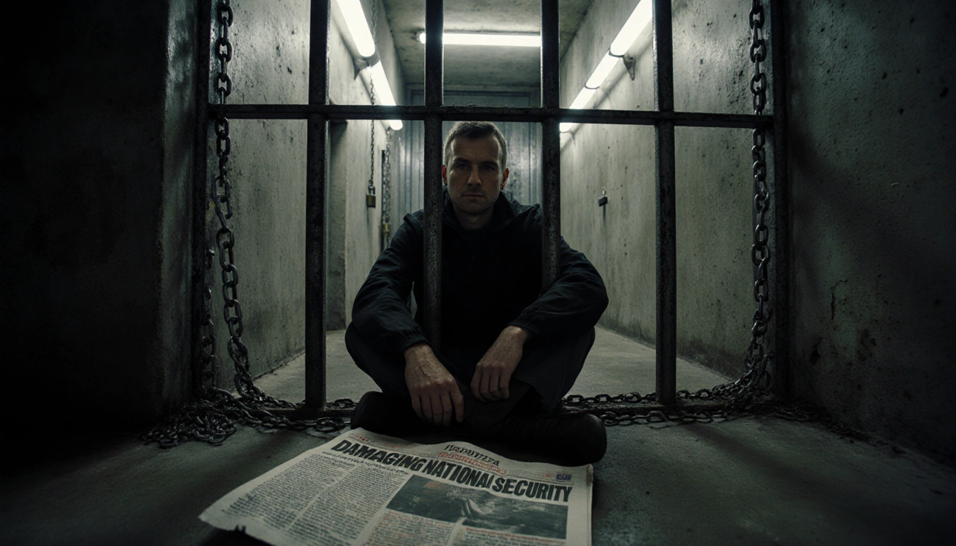 Andrzej Poczobut sits defiant in a prison cell with flickering fluorescent lights and a crumpled Gazeta Wyborcza headline