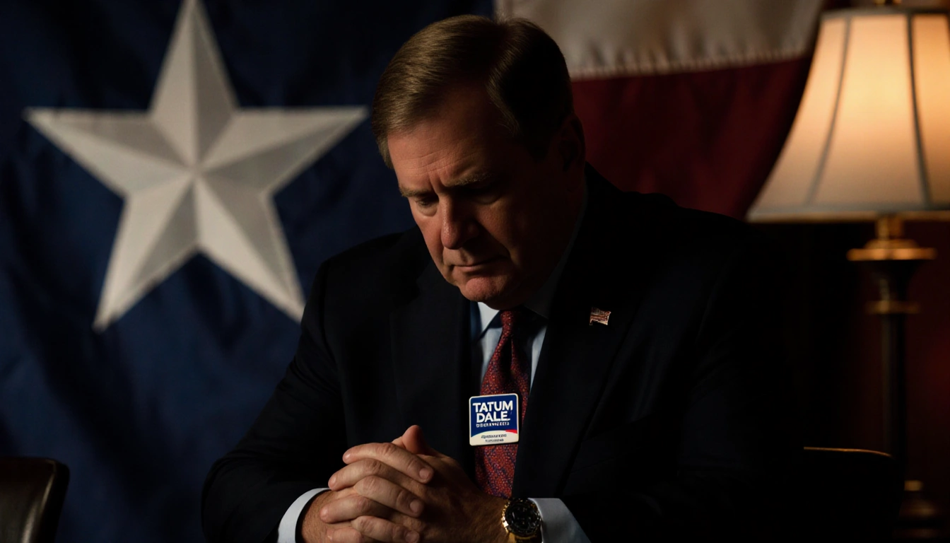 Representative Andy Barr standing with hands clasped on Texas flag, Texas Capitol outline in background and badge on floor.