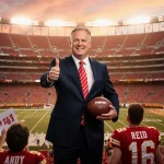 Andy Reid thumbs‑up while holding a football with sunset glow behind Arrowhead Stadium and cheering Chiefs fans in foreground