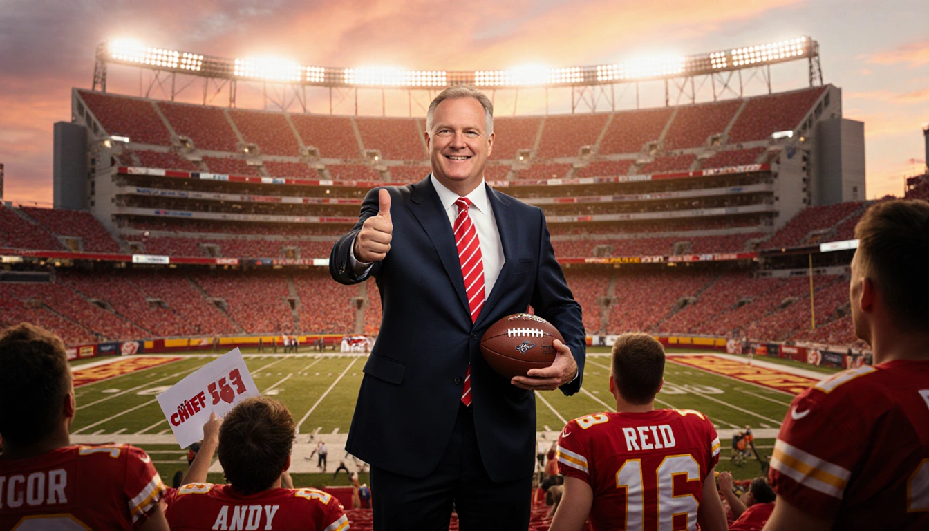 Andy Reid thumbs‑up while holding a football with sunset glow behind Arrowhead Stadium and cheering Chiefs fans in foreground