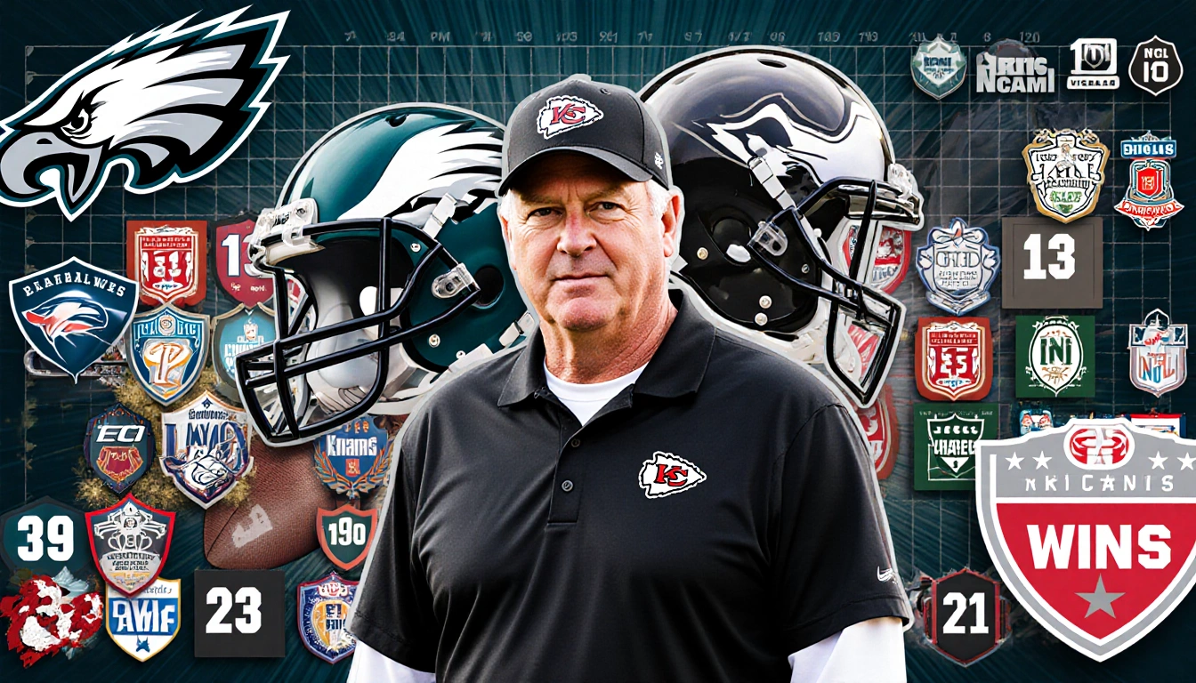 Andy Reid standing with Eagles and Chiefs logos collage and grid background showing seasons and wins as NFL career milestones