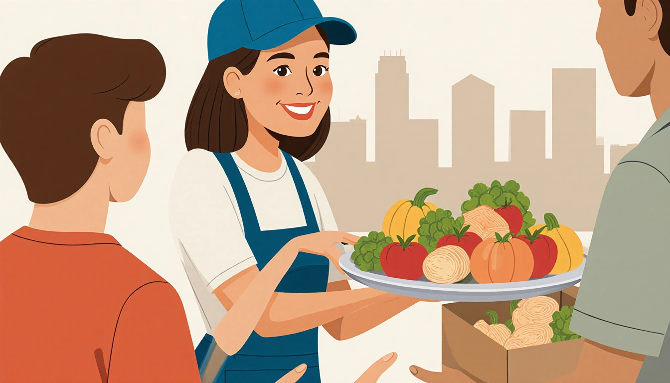 Angel Zambrano smiles while handing a grocery plate to a client at a food bank with a soft Austin skyline behind.