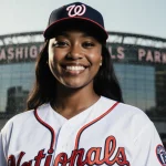 Ani Kilambi smiles wearing a Washington Nationals cap with a glass reflection of Nationals Park stadium behind her
