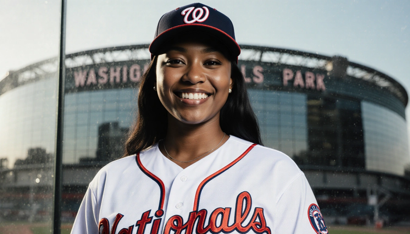 Ani Kilambi smiles wearing a Washington Nationals cap with a glass reflection of Nationals Park stadium behind her
