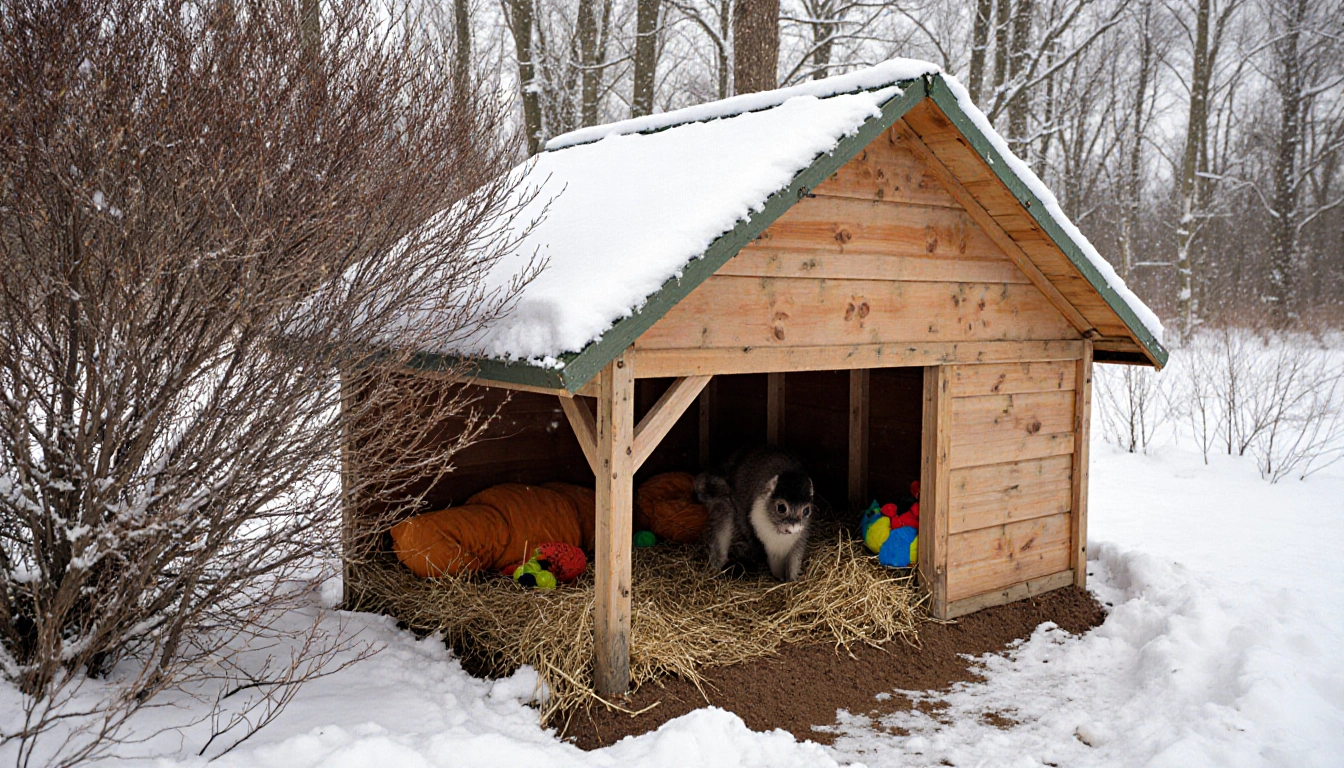 Animal shelter stands in winter snow with wooden walls and warm straw bedding shielded by a nearby tree creating a cozy feel