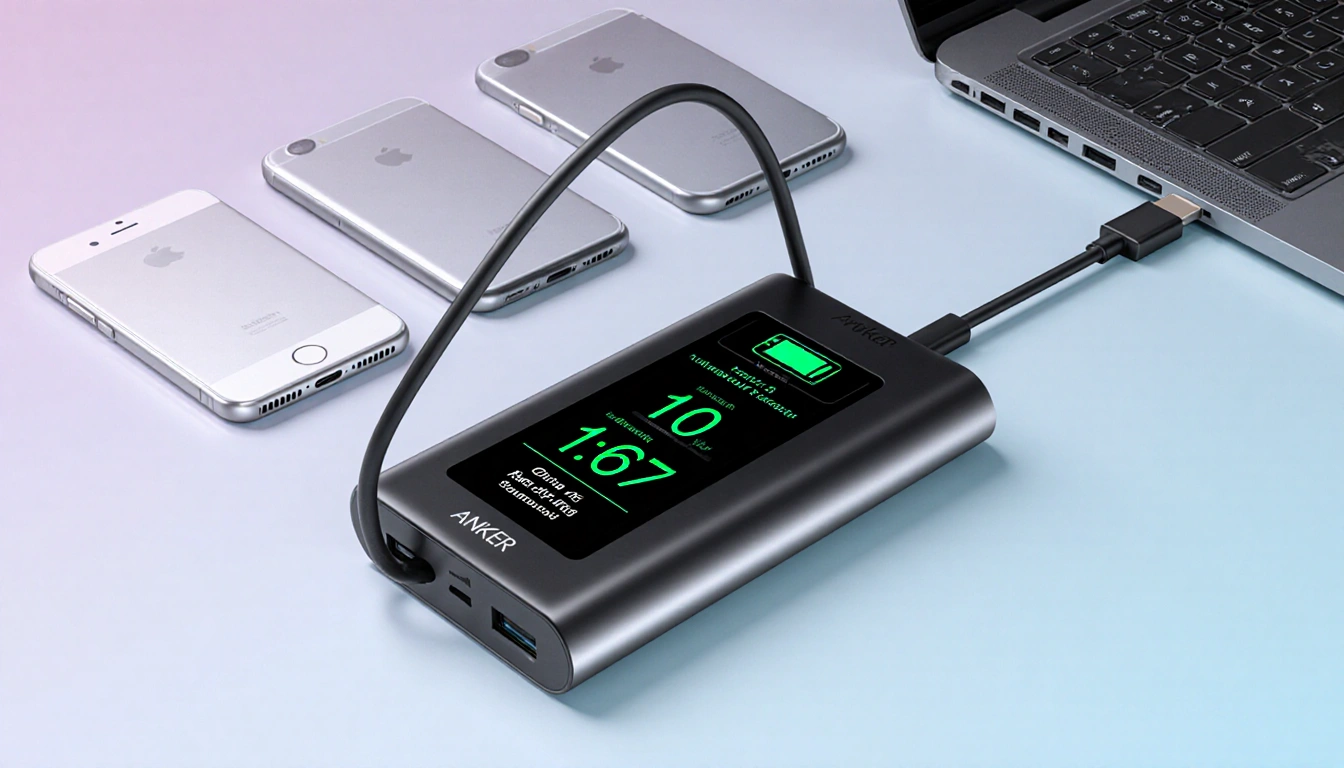 Power bank showing battery status with USB-C cable looped as handle and iPhones charging in the background.