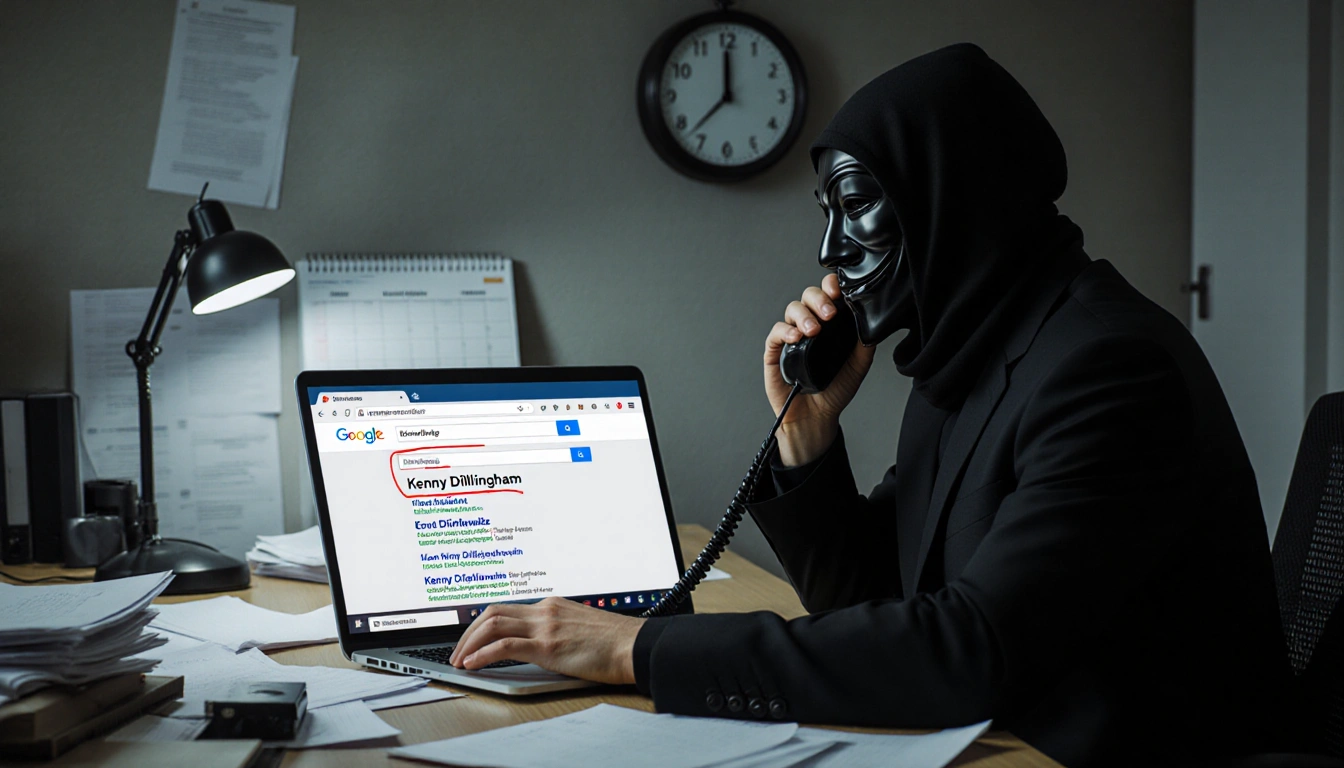 Person speaks while typing with screen showing Kenny Dillingham Eli Drinkwitz and clock at month end urgent confidential