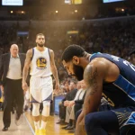 Anthony Davis slumps on basketball court bench with bent leg and jersey 23 while coaches rush to help after a game injury.