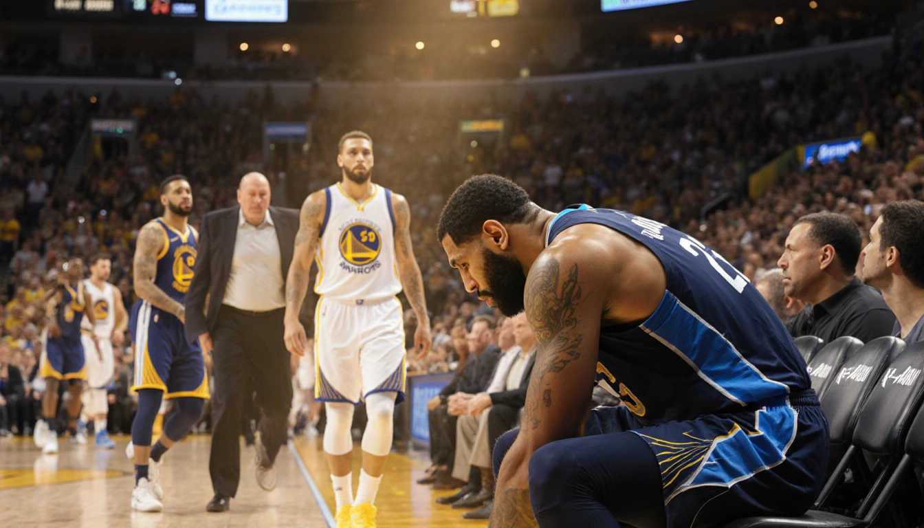 Anthony Davis slumps on basketball court bench with bent leg and jersey 23 while coaches rush to help after a game injury.