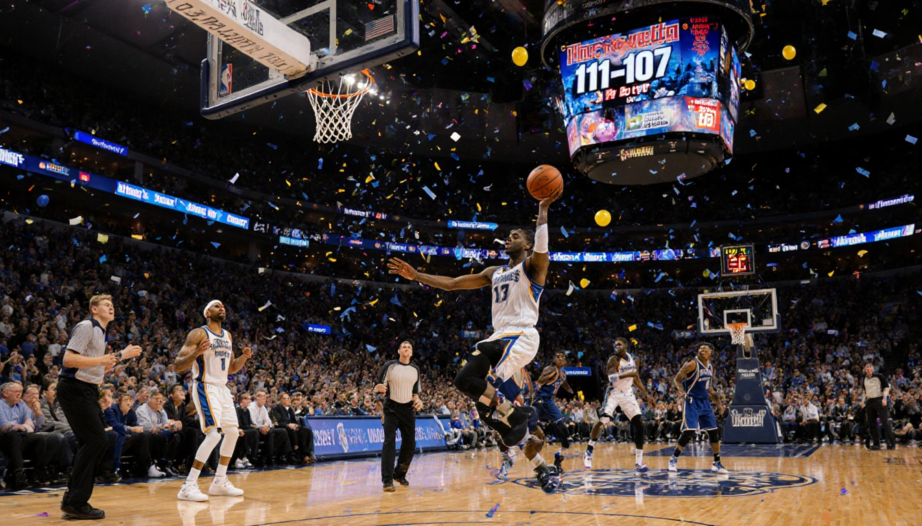 Anthony Edwards sinks a three-pointer with Timberwolves bench erupting in confetti and 112-107 score