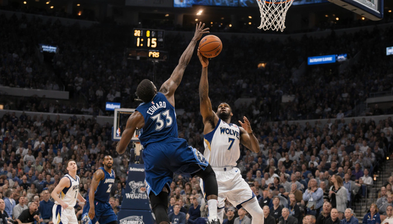 Anthony Edwards releasing a twisting 3-pointer with 1.1 seconds left and Timberwolves basketball crowd in the background