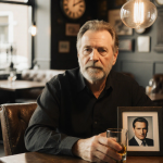 Anthony Geary holds a whiskey glass with a framed photo of Luke Spencer near him in a quiet Amsterdam café