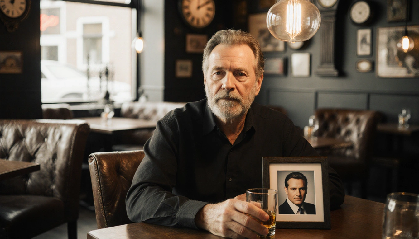 Anthony Geary holds a whiskey glass with a framed photo of Luke Spencer near him in a quiet Amsterdam café
