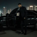 Anthony Joshua steps out of a black car with city lights and a figure of two in the background.