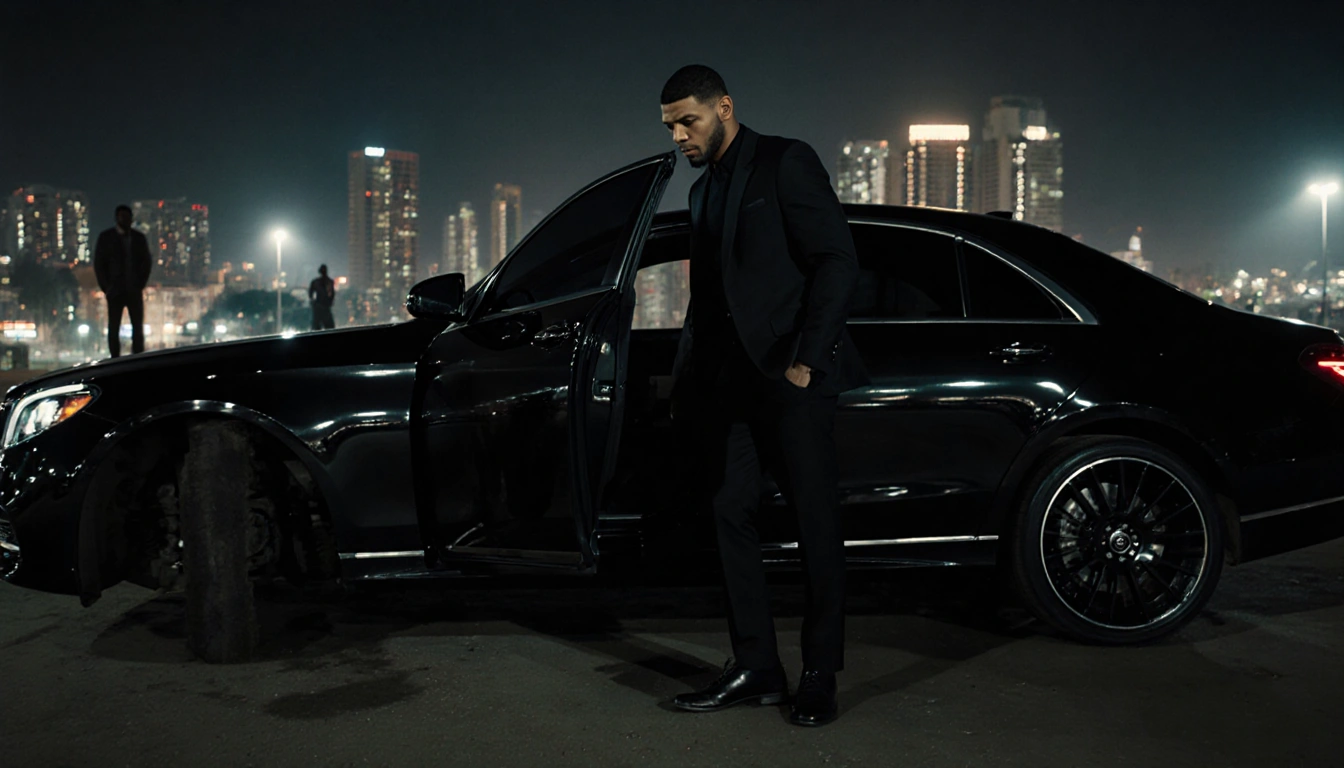 Anthony Joshua steps out of a black car with city lights and a figure of two in the background.