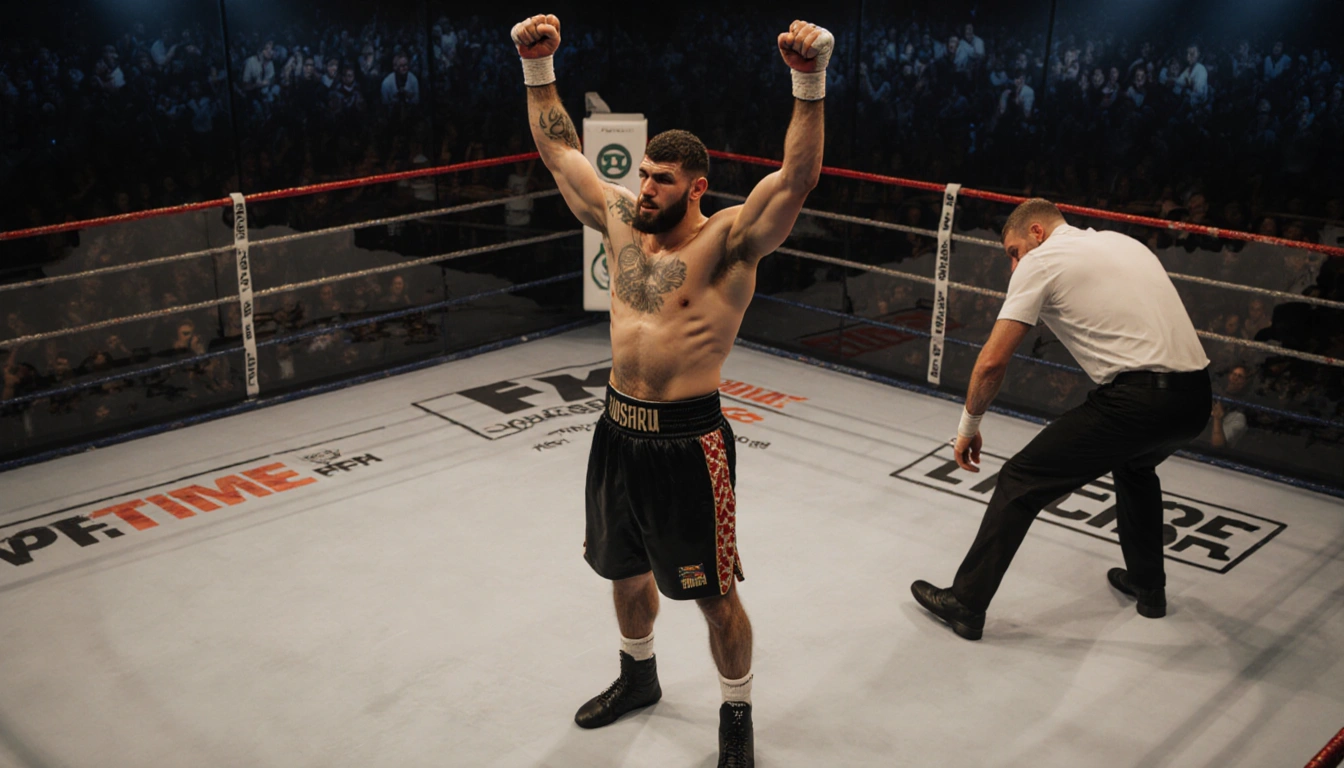 Anthony Joshua raises arms in boxing victory with tired respectful face and Jake Paul stumbling back holding his head in pain