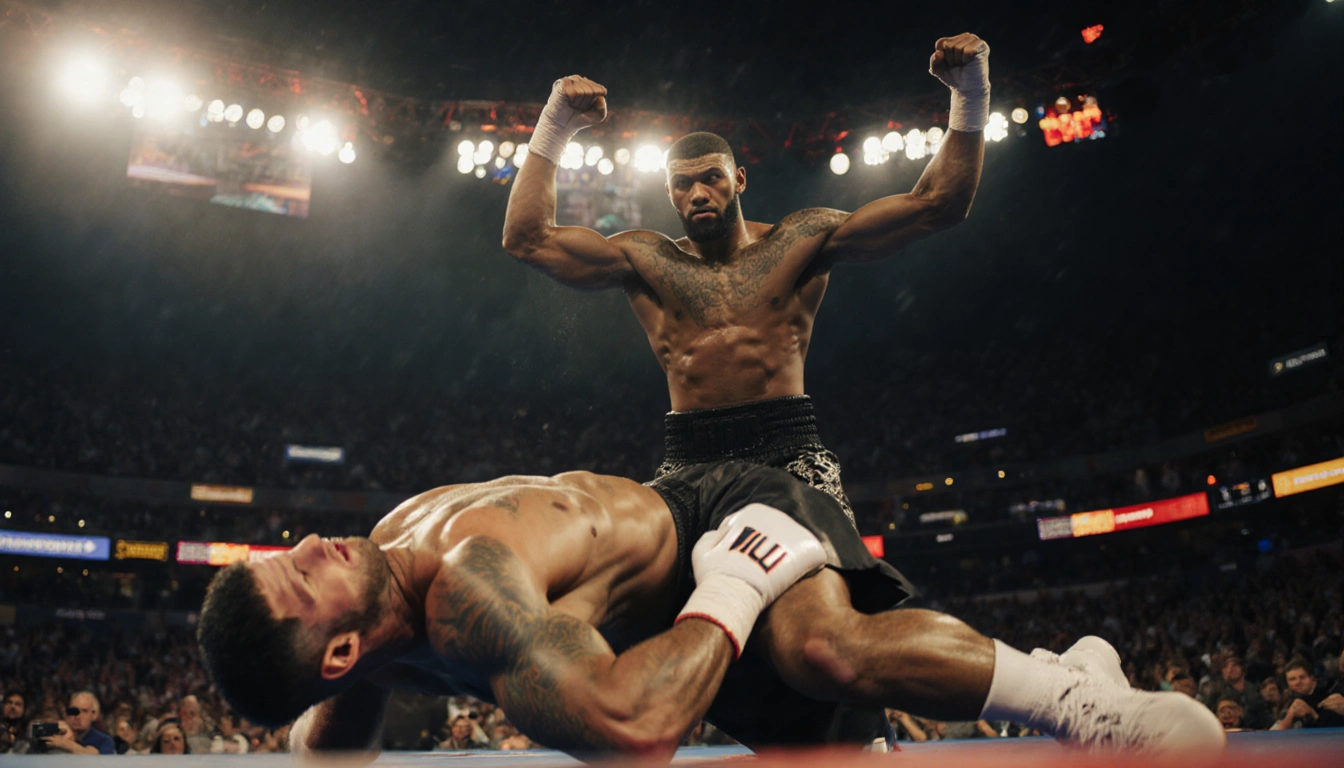 Anthony Joshua stands triumphantly over Jake Paul