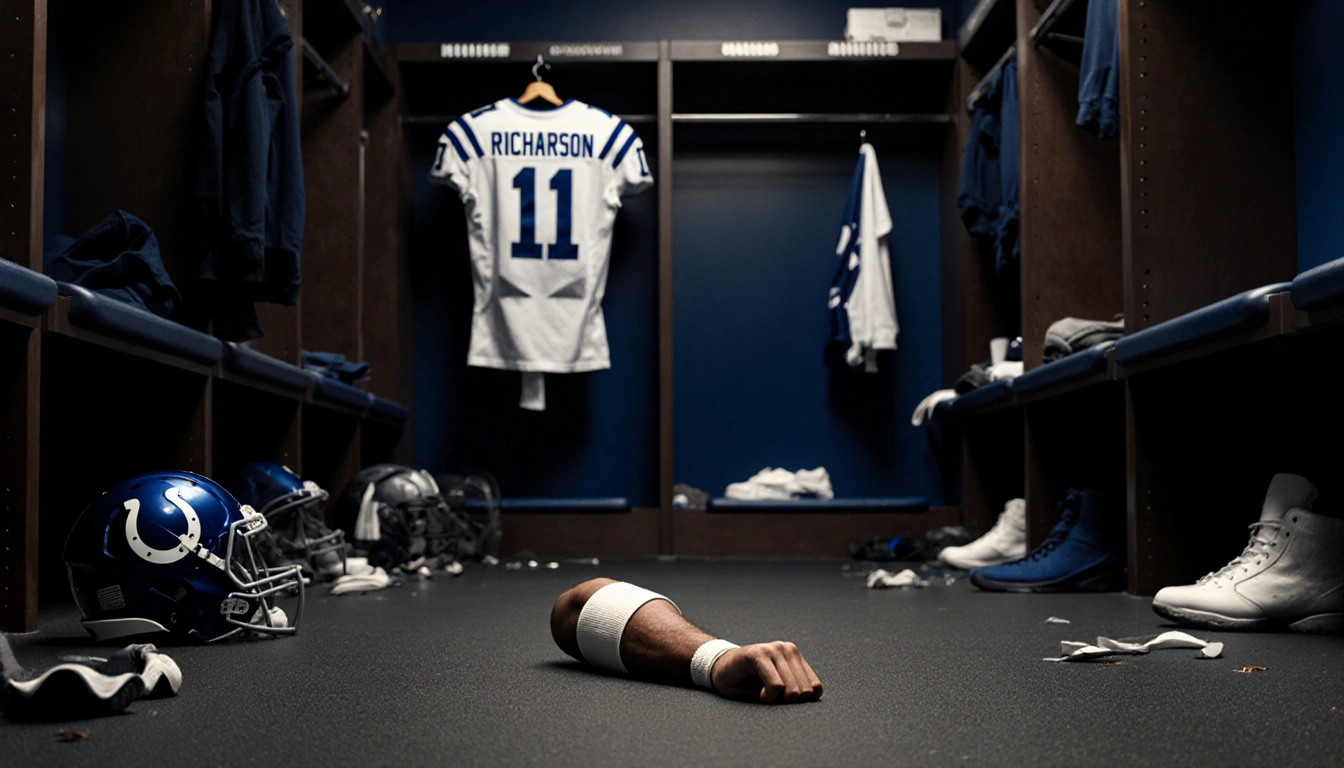 Discarded band lies on locker room floor with scattered football gear and a Colts jersey hanging on a hook