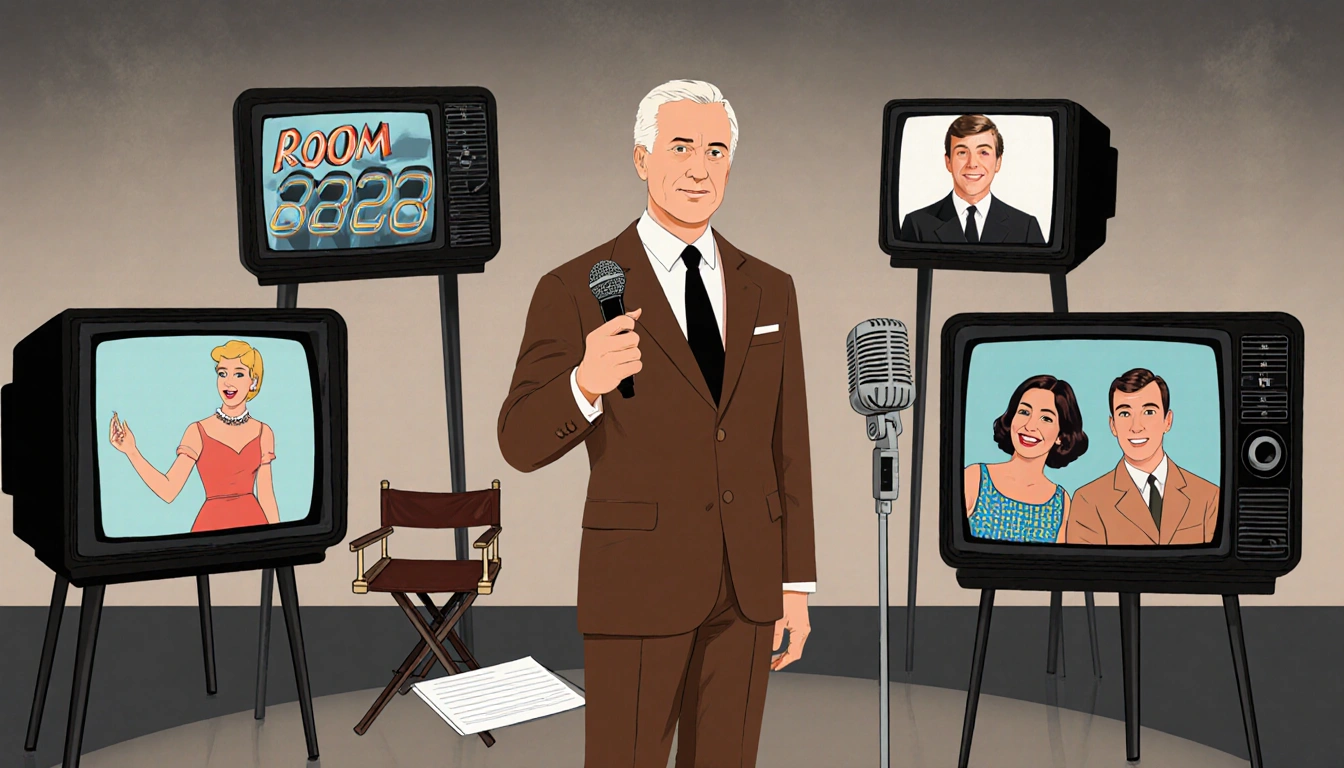 Anthony Geary standing in front of backdrop with television screens showing early acting and microphone and director's chair.