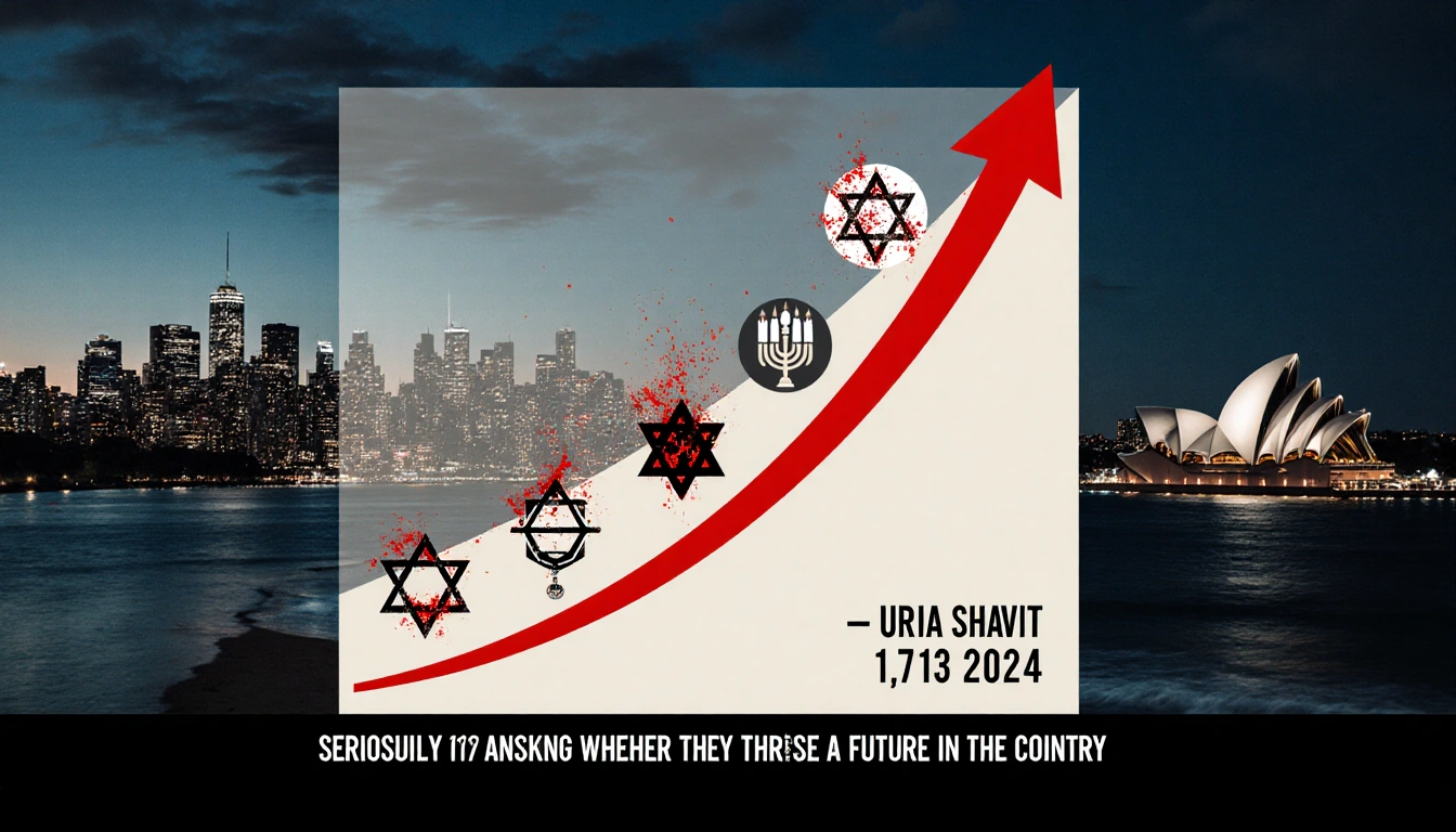 Graph shows red line rising to 1,713 incidents with vandalized Jewish symbols above Bondi Beach.