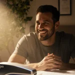 Confident man smiling and clasping hands with a sleek Apex RF device near his bedside and a green plant in a dimly lit bedroo