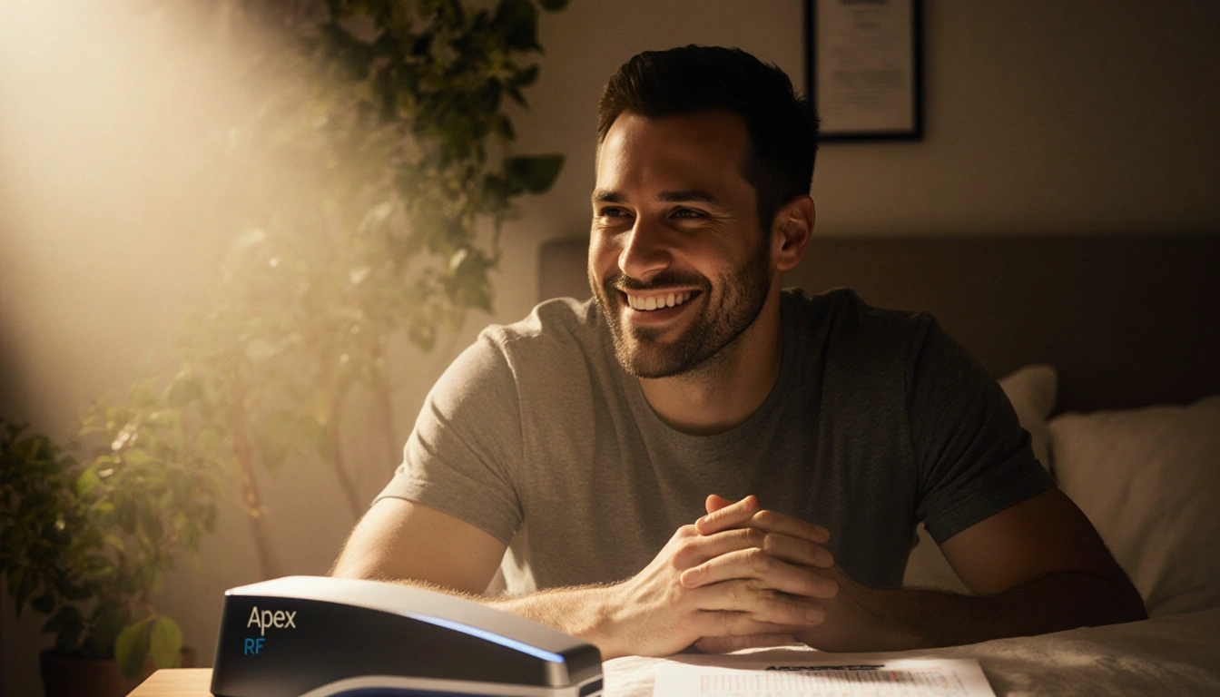 Confident man smiling and clasping hands with a sleek Apex RF device near his bedside and a green plant in a dimly lit bedroo